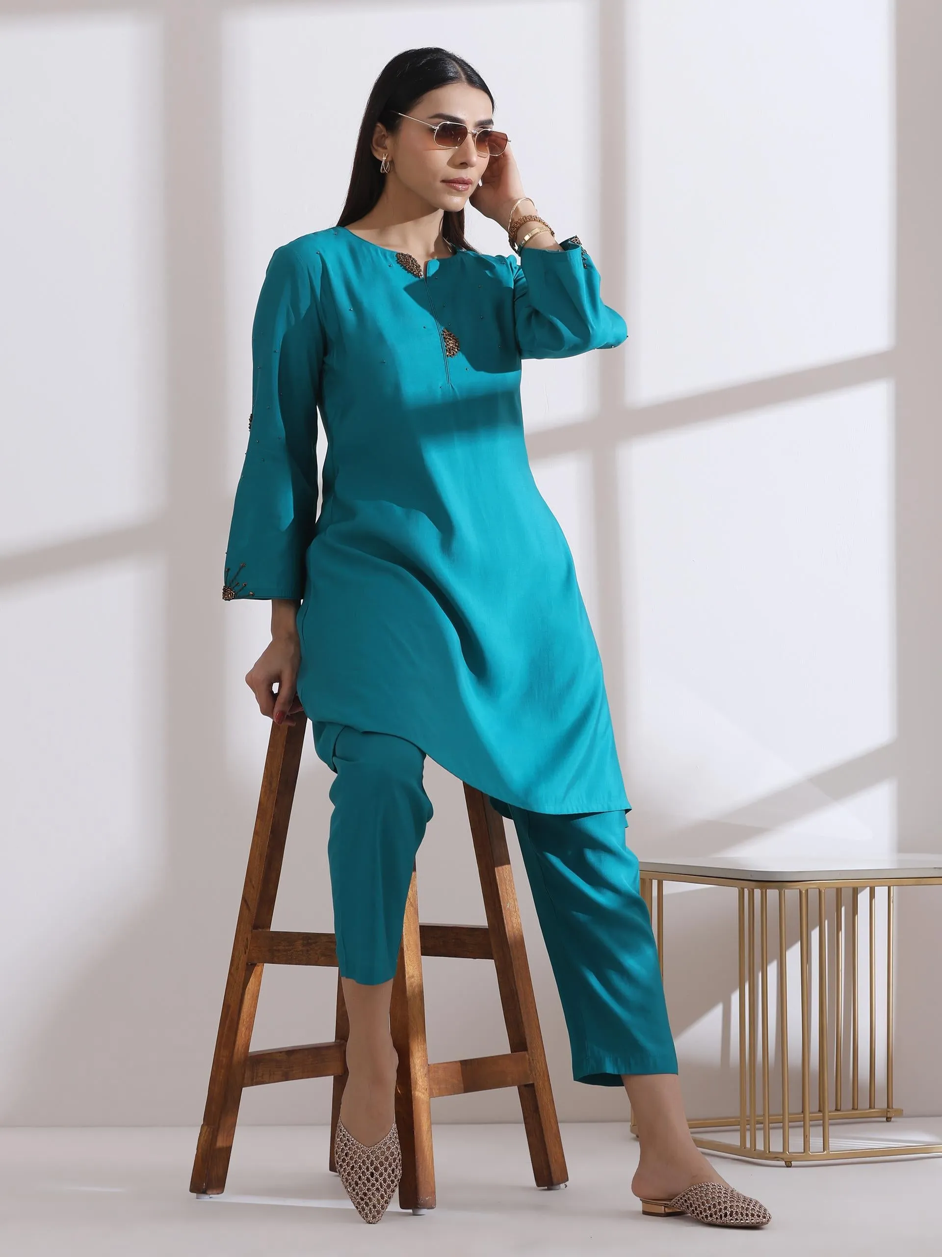 2 Pc Set - Airskin Aqua Blue With Bronze Beads Short Kurta And Pants