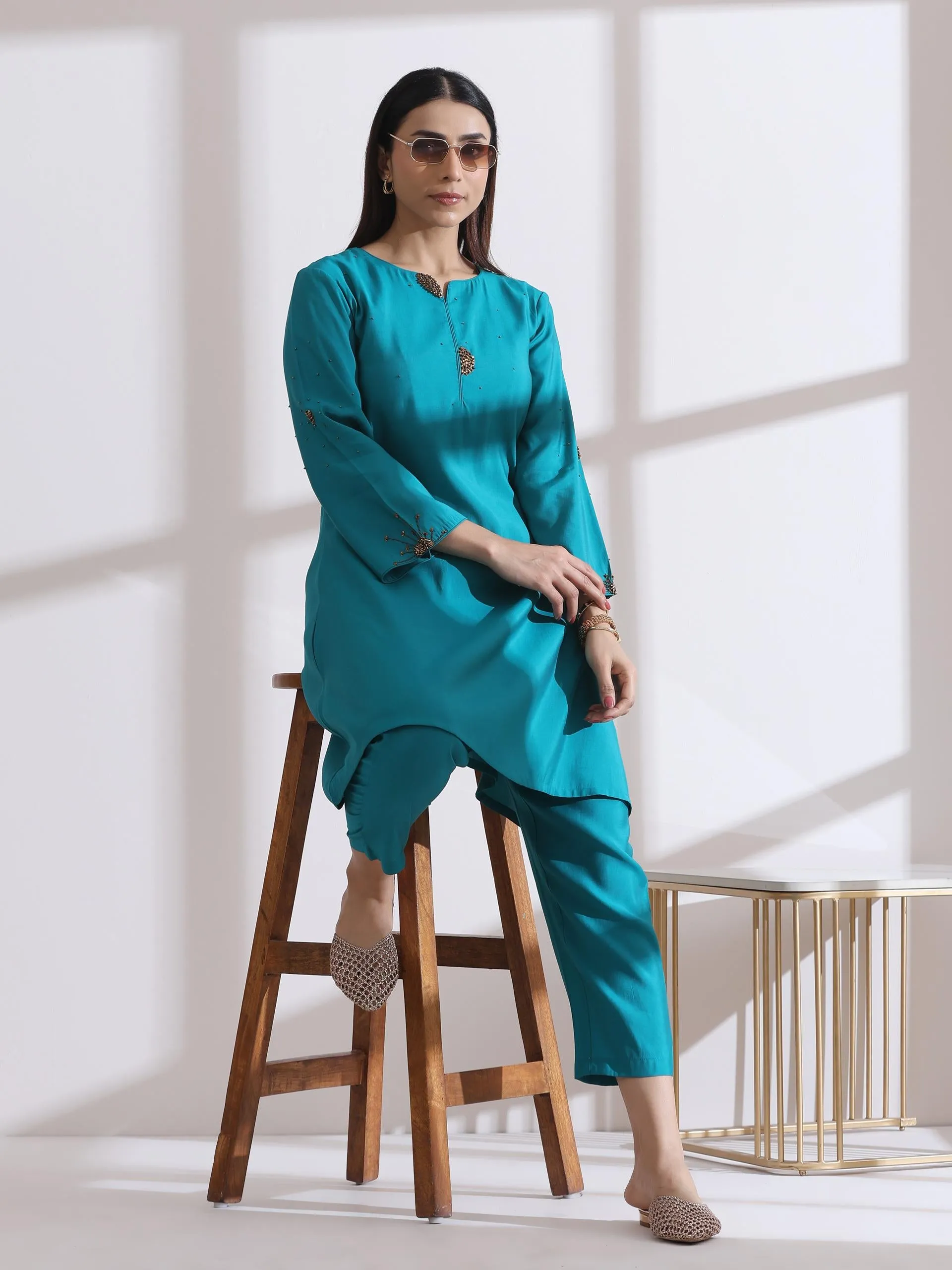 2 Pc Set - Airskin Aqua Blue With Bronze Beads Short Kurta And Pants
