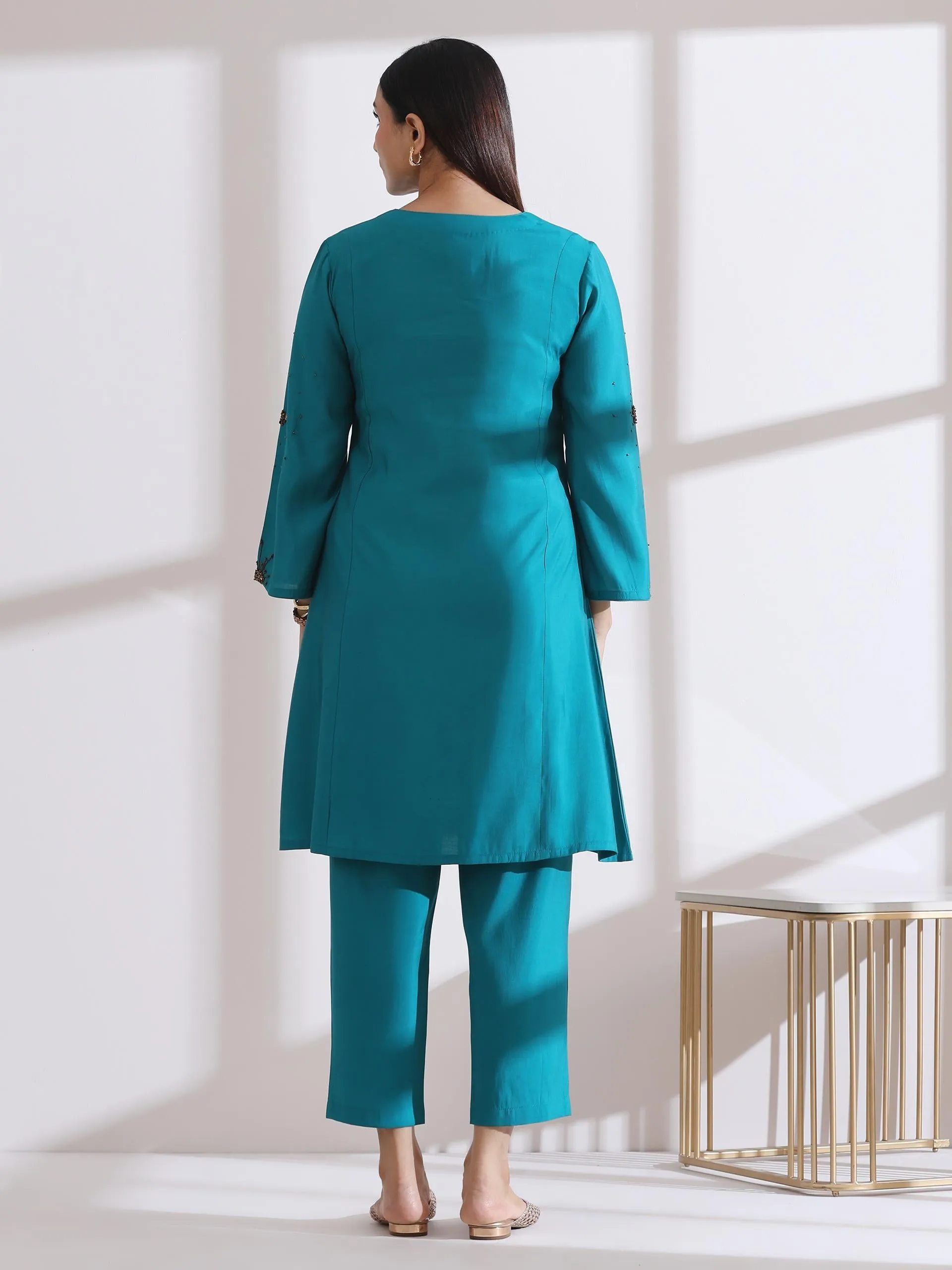 2 Pc Set - Airskin Aqua Blue With Bronze Beads Short Kurta And Pants
