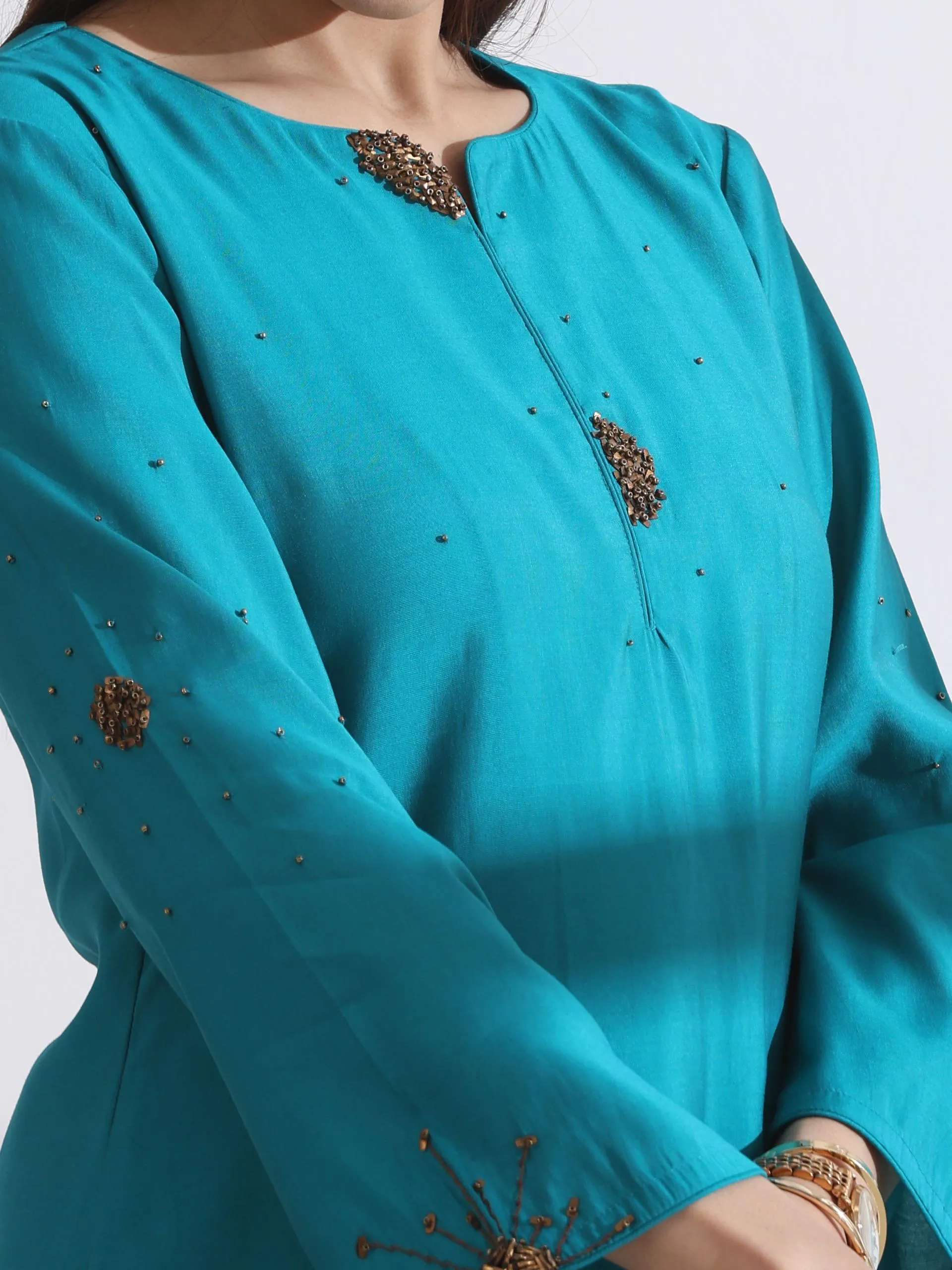 2 Pc Set - Airskin Aqua Blue With Bronze Beads Short Kurta And Pants