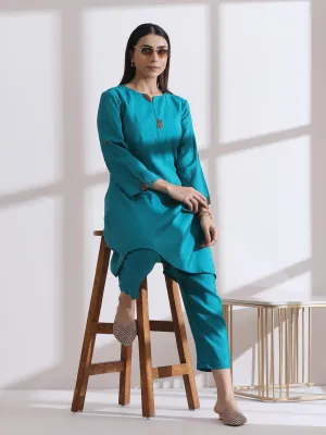 2 Pc Set - Airskin Aqua Blue With Bronze Beads Short Kurta And Pants