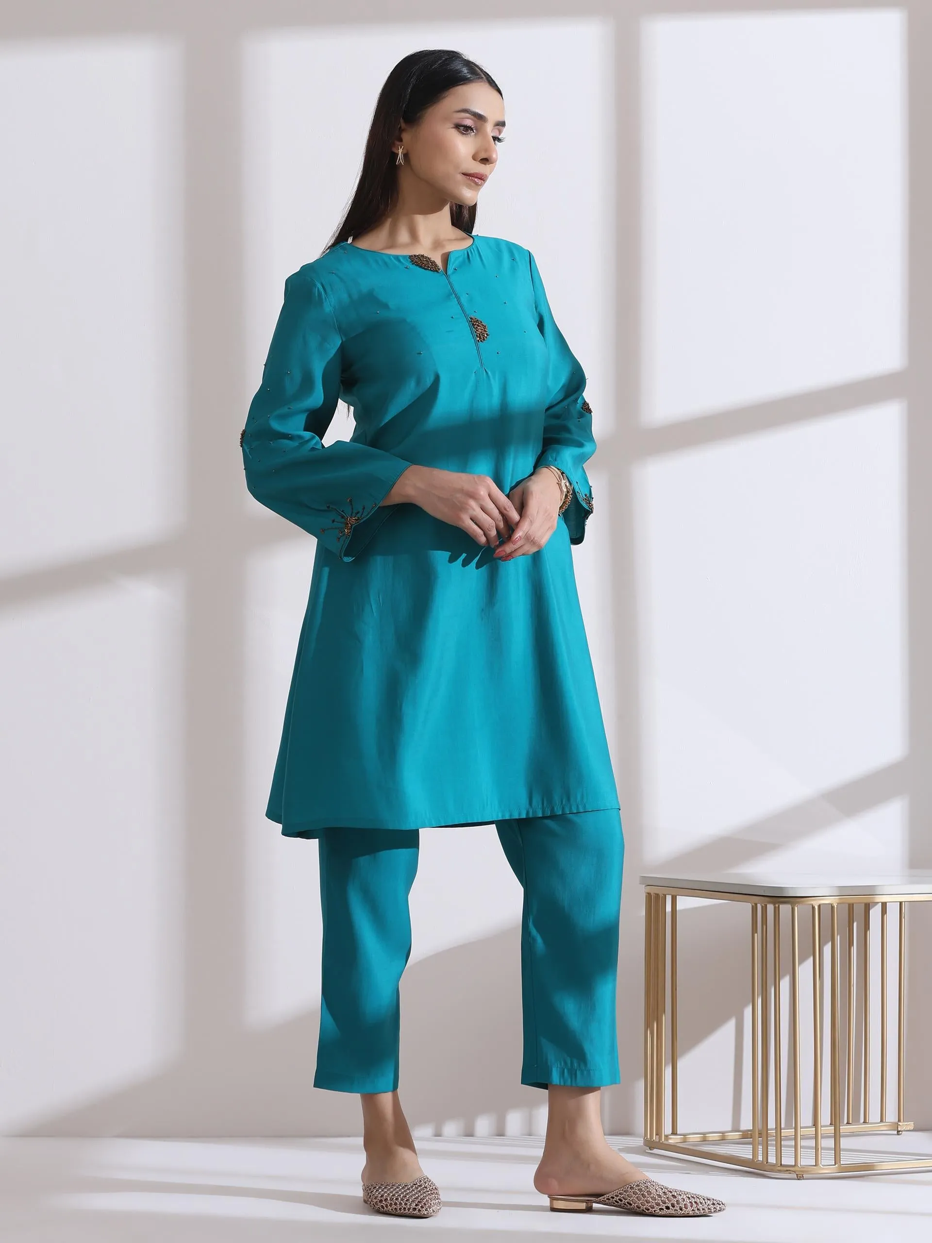 2 Pc Set - Airskin Aqua Blue With Bronze Beads Short Kurta And Pants
