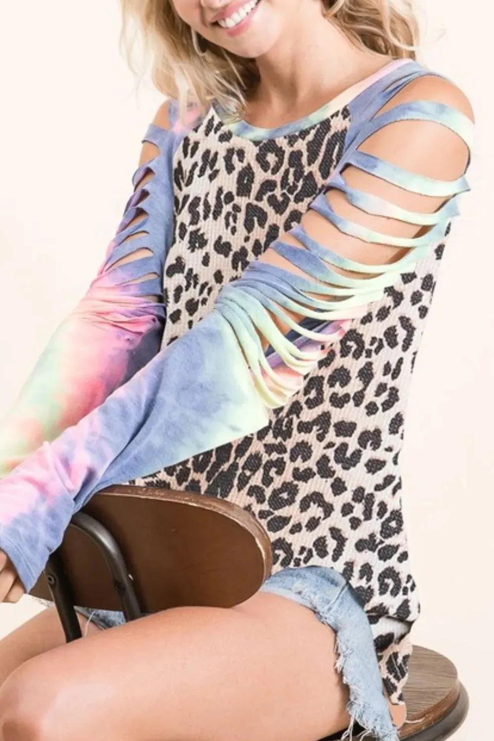 BiBi Leopard Thermal Top with Tie Dye Laser Cut Sleeves