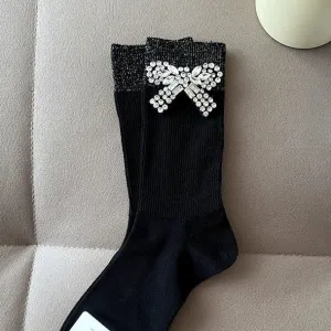 Bow Tie Crystal Rhinestone Charm Slouch Junk Socks