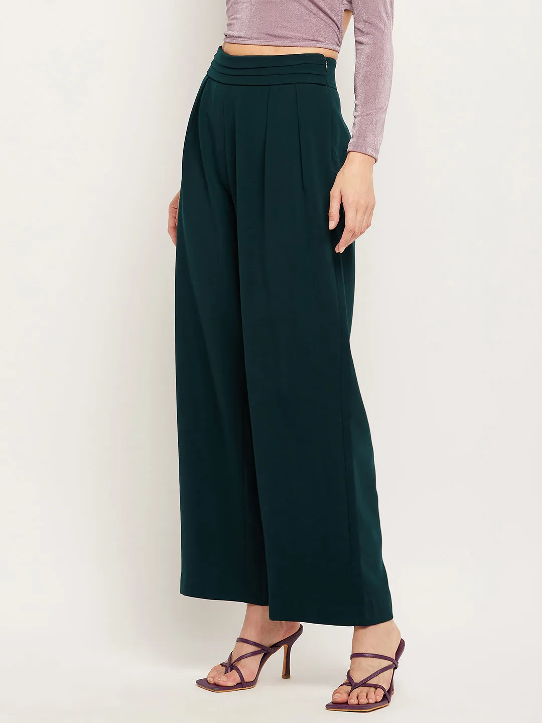 Camla Barcelona Pleated Wide Leg Bottle Green Trousers For Women