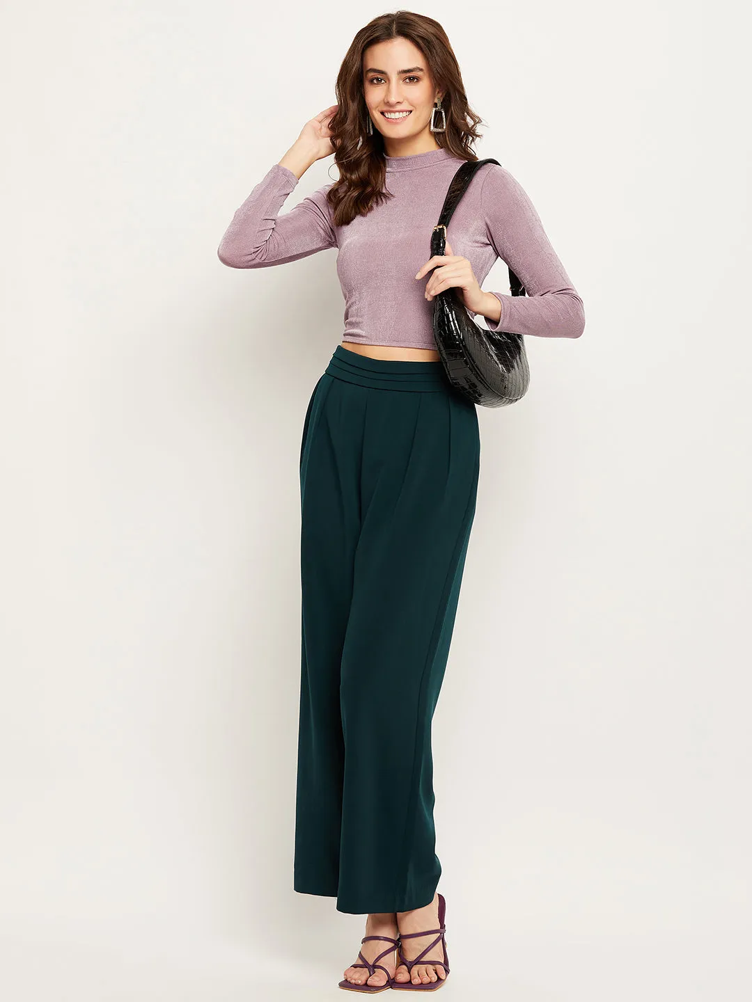 Camla Barcelona Pleated Wide Leg Bottle Green Trousers For Women