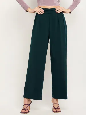 Camla Barcelona Pleated Wide Leg Bottle Green Trousers For Women