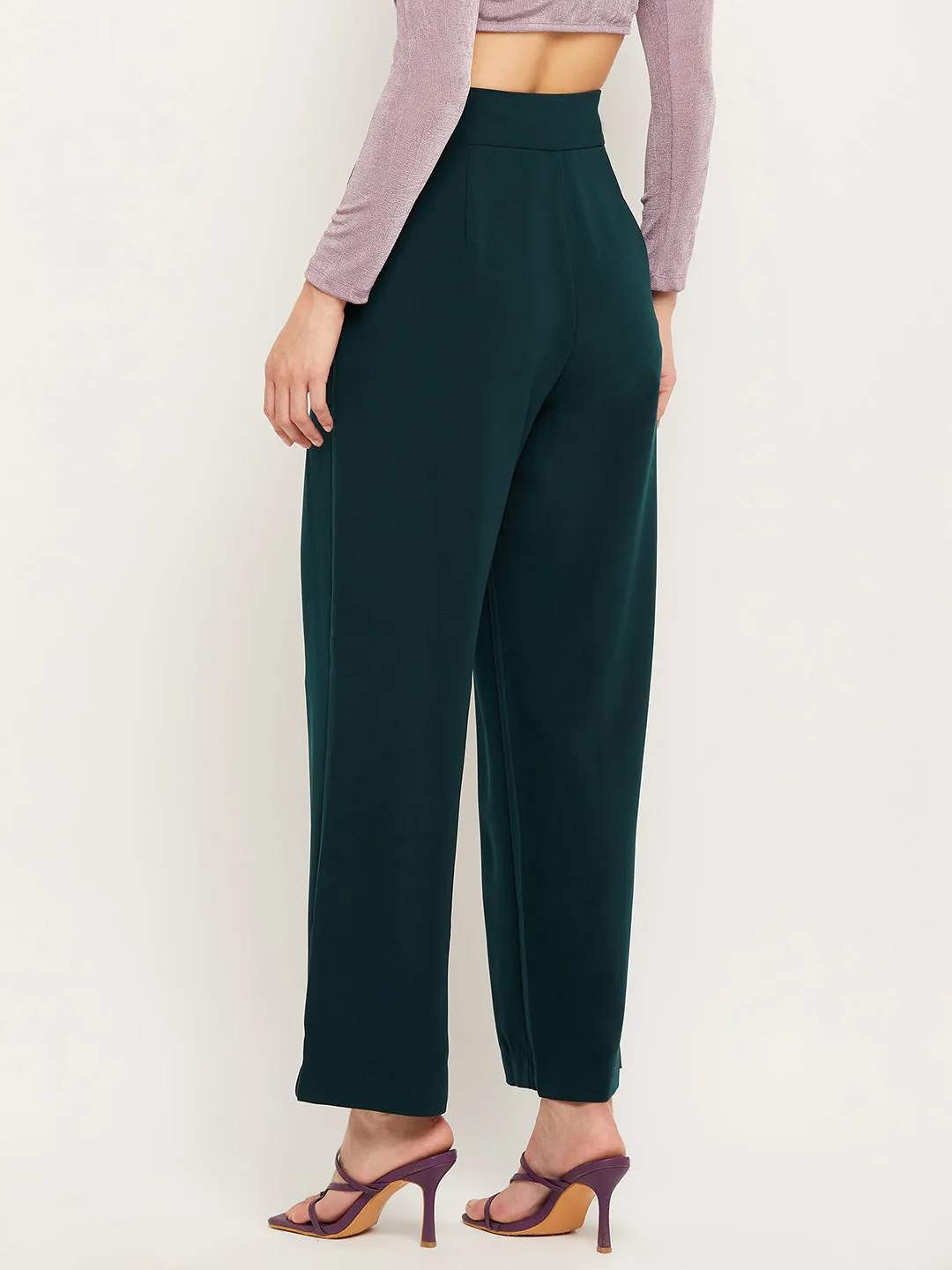 Camla Barcelona Pleated Wide Leg Bottle Green Trousers For Women