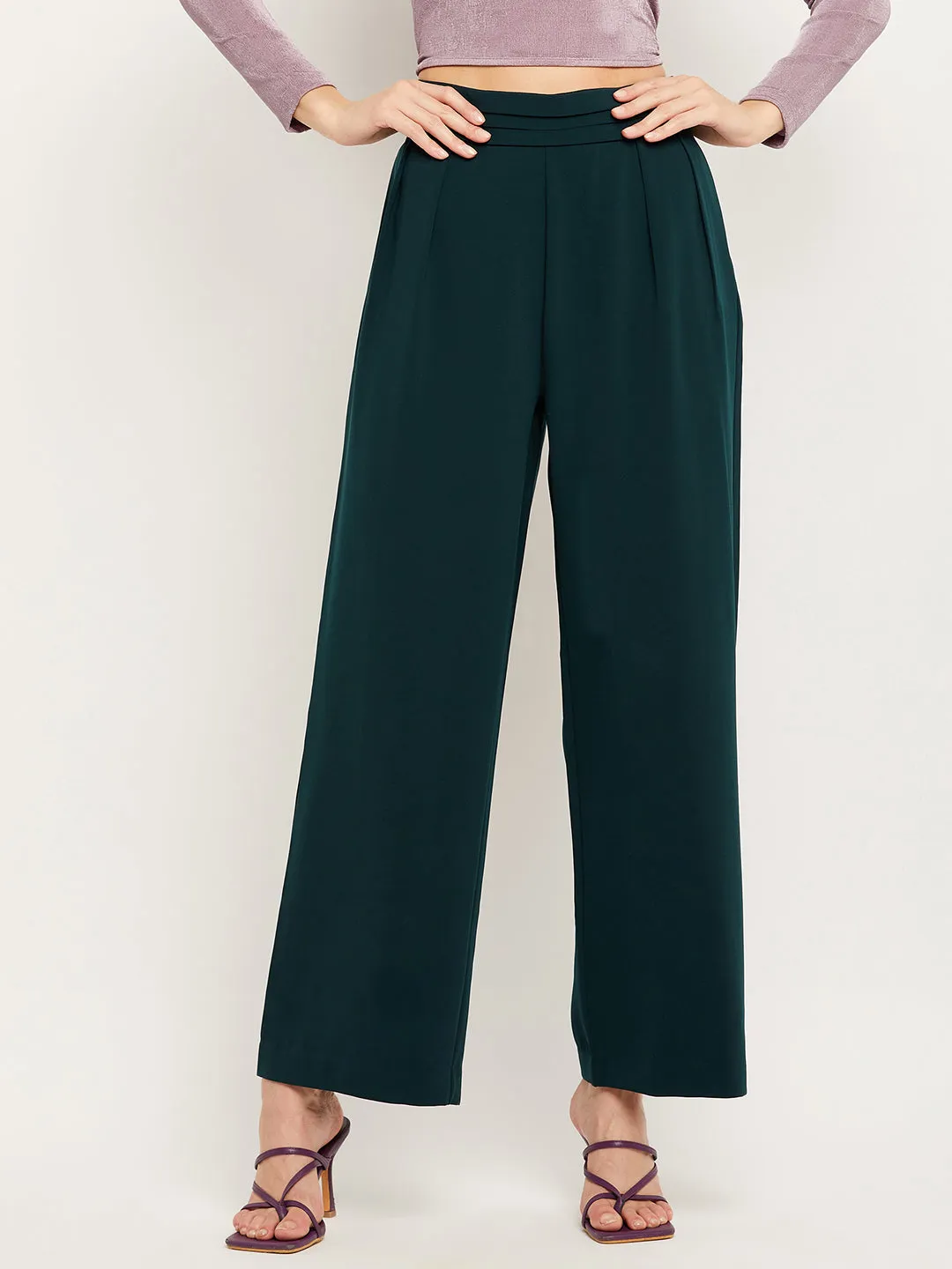 Camla Barcelona Pleated Wide Leg Bottle Green Trousers For Women