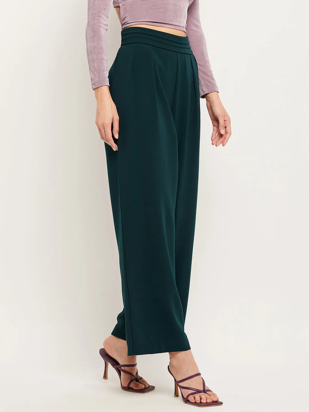 Camla Barcelona Pleated Wide Leg Bottle Green Trousers For Women