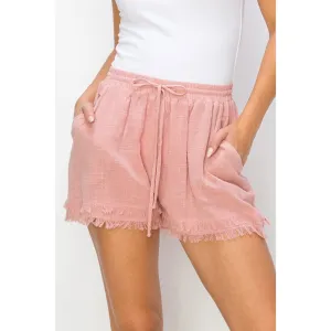 Casual and Cool Drawstring Cotton Gauze Frayed Shorts