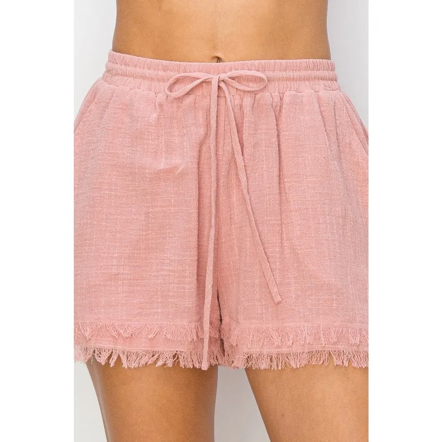 Casual and Cool Drawstring Cotton Gauze Frayed Shorts