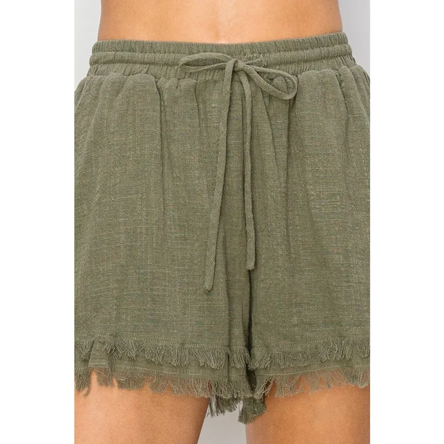 Casual and Cool Drawstring Cotton Gauze Frayed Shorts