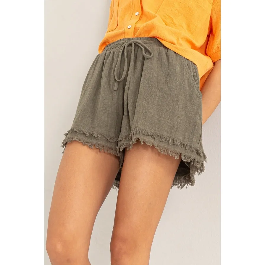 Casual and Cool Drawstring Cotton Gauze Frayed Shorts