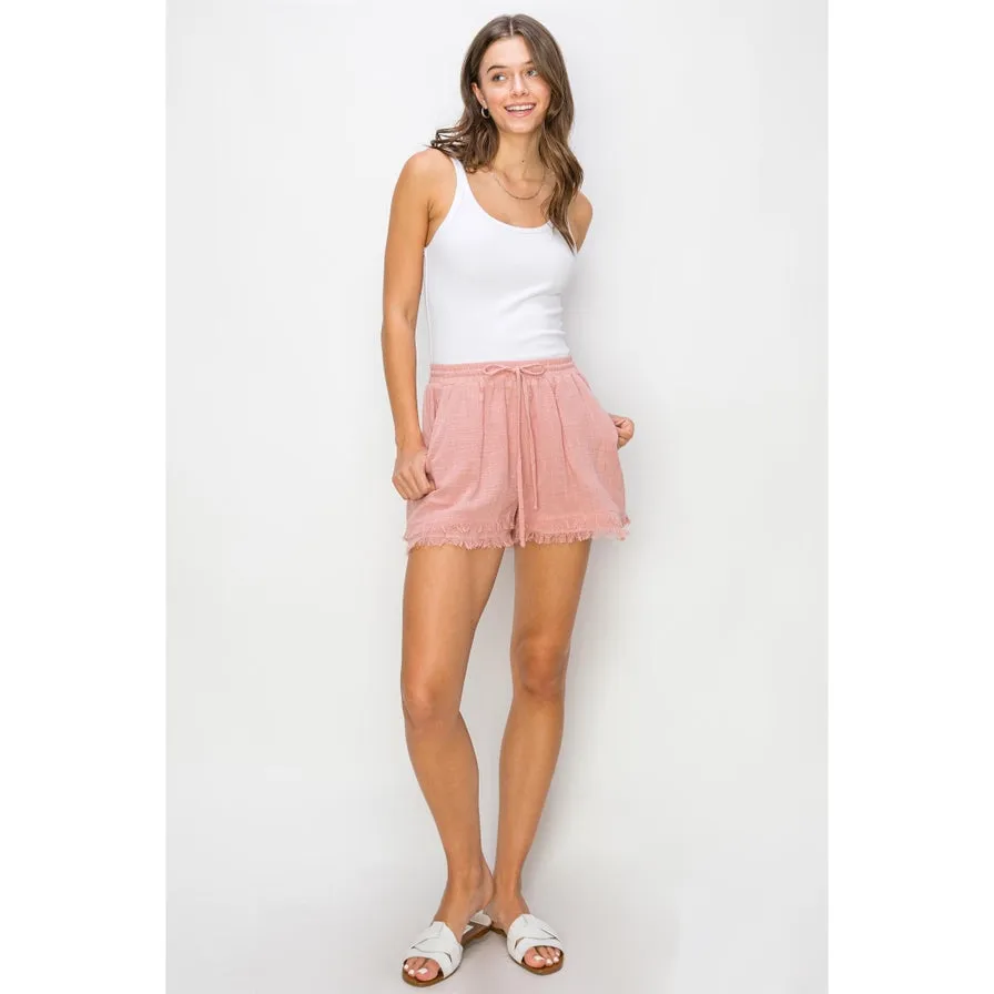 Casual and Cool Drawstring Cotton Gauze Frayed Shorts