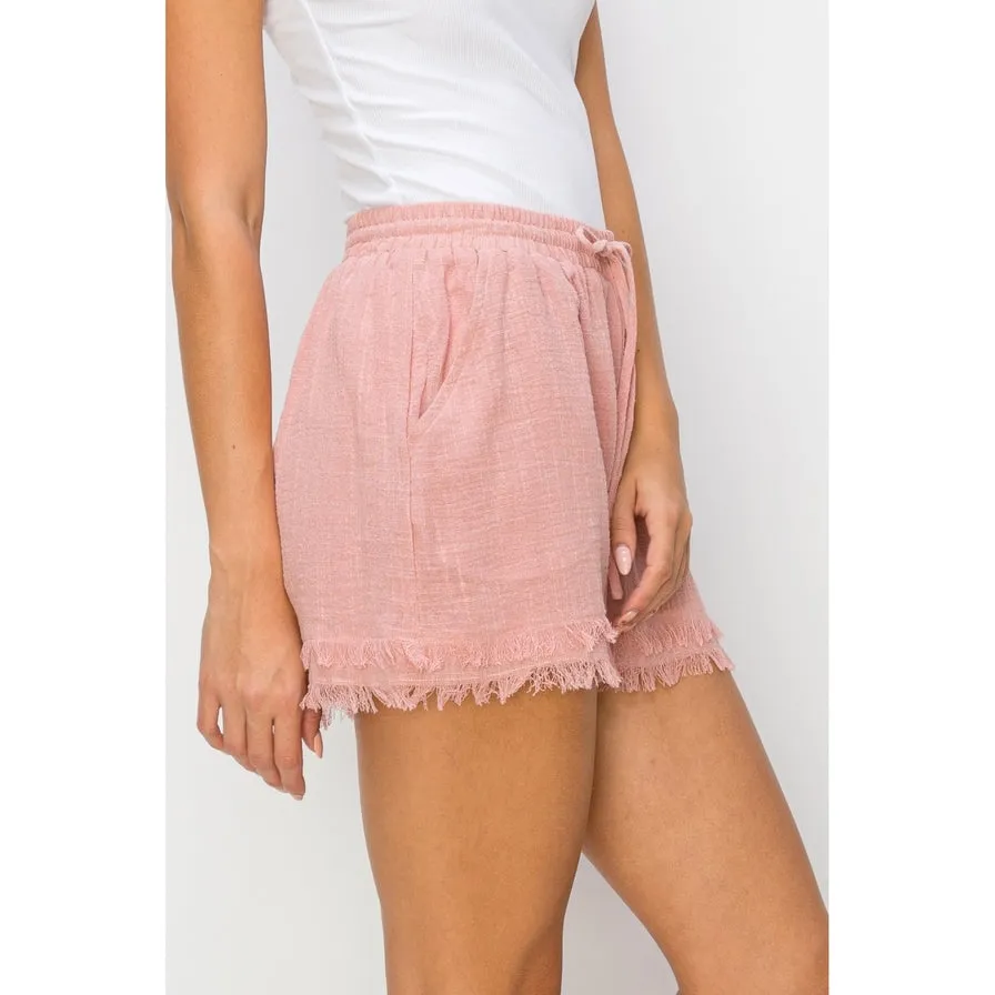 Casual and Cool Drawstring Cotton Gauze Frayed Shorts