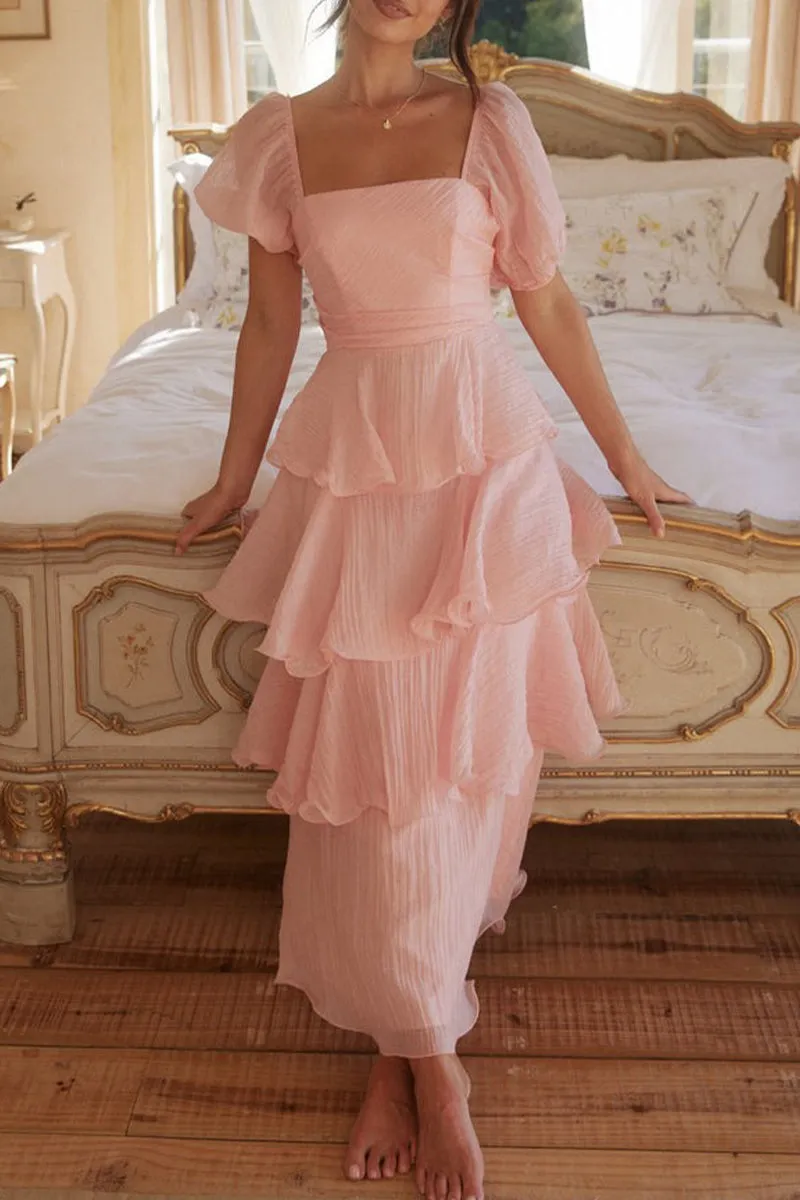 Casual Backless Flounce Square Neck Cake Skirt Dresses
