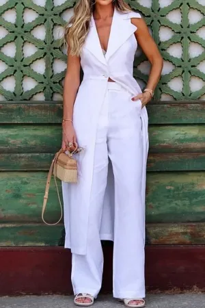 Casual Buttons Slit Turndown Collar Sleeveless Two Pieces