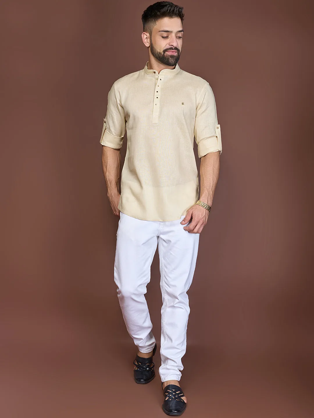 Casual Cream Silk Short Kurta for Men with Roll-up Sleeves.