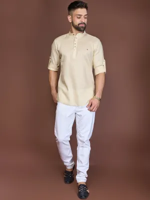 Casual Cream Silk Short Kurta for Men with Roll-up Sleeves.