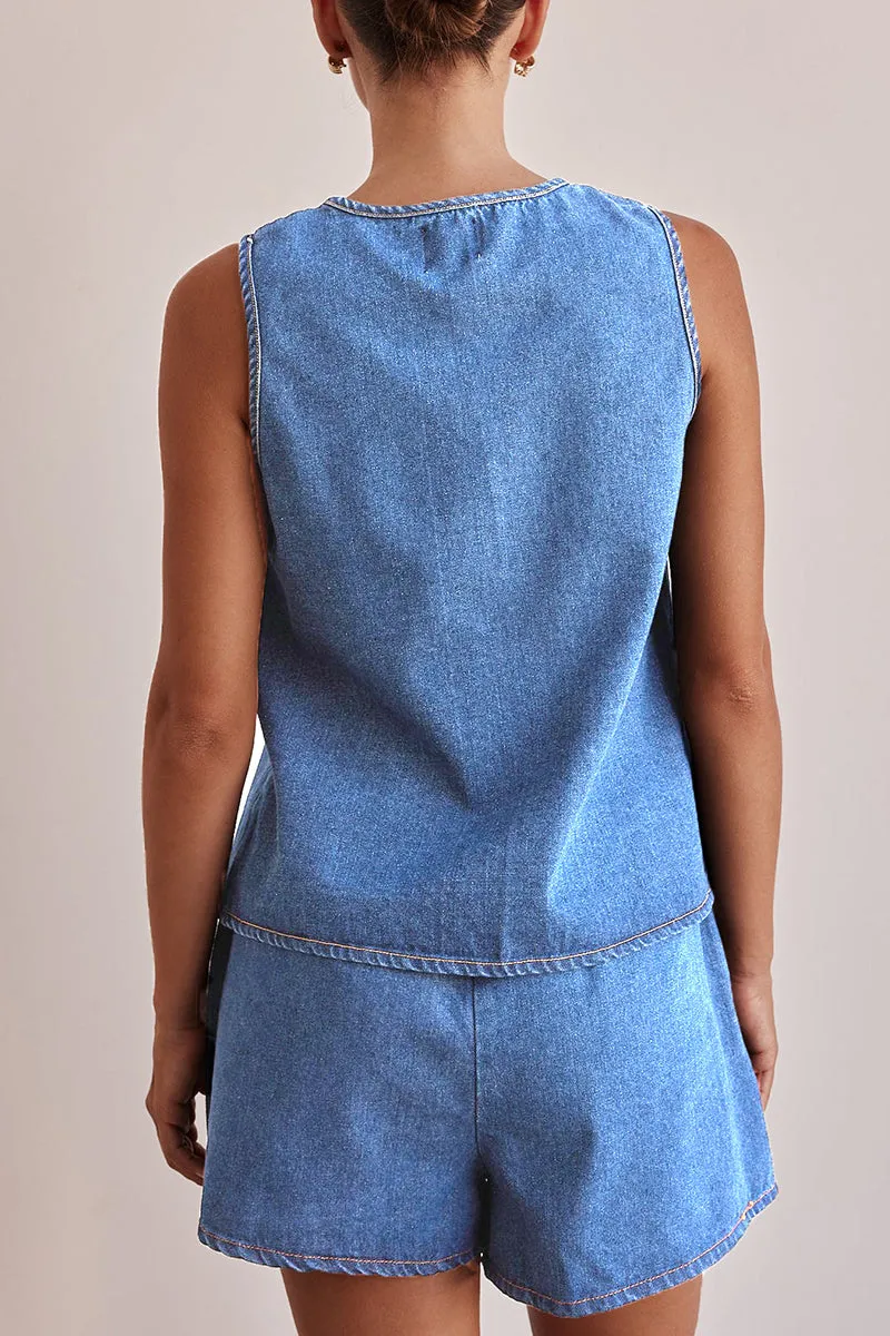 Casual Lace Up O Neck Sleeveless Two Pieces