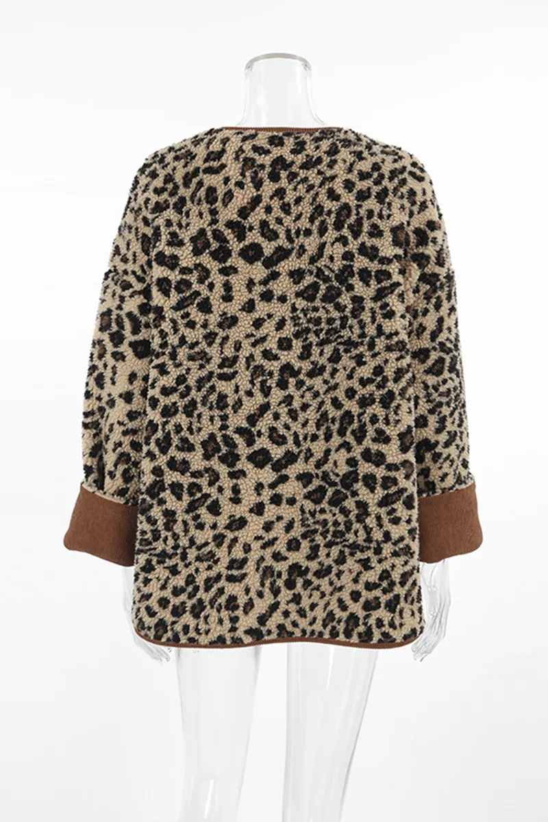 Casual Leopard Pocket Buttons Patchwork O Neck Outerwear