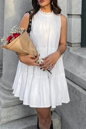 Casual Patchwork Ruffle O Neck Sleeveless Dresses