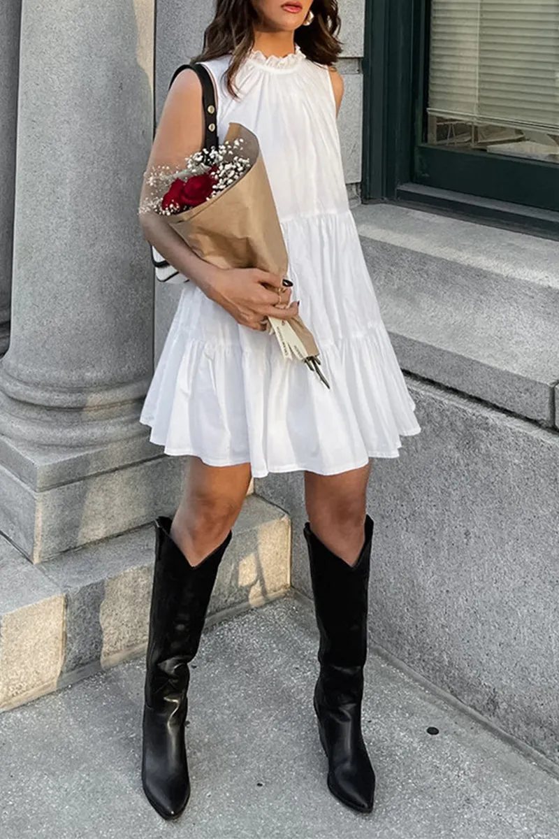 Casual Patchwork Ruffle O Neck Sleeveless Dresses