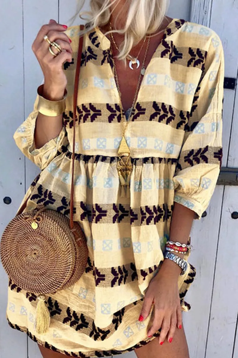 Casual Print Split Joint V Neck Straight Dresses(4 colors)