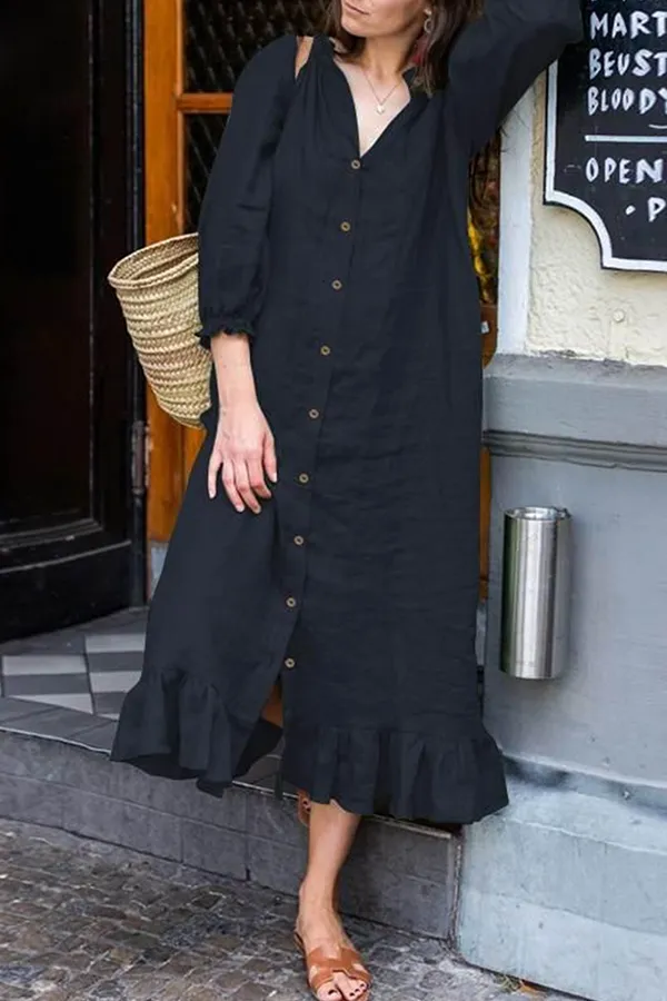 Casual Solid Buckle Flounce Stringy Selvedge Collar A Line Dresses(4 Colors)