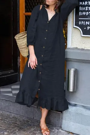 Casual Solid Buckle Flounce Stringy Selvedge Collar A Line Dresses(4 Colors)