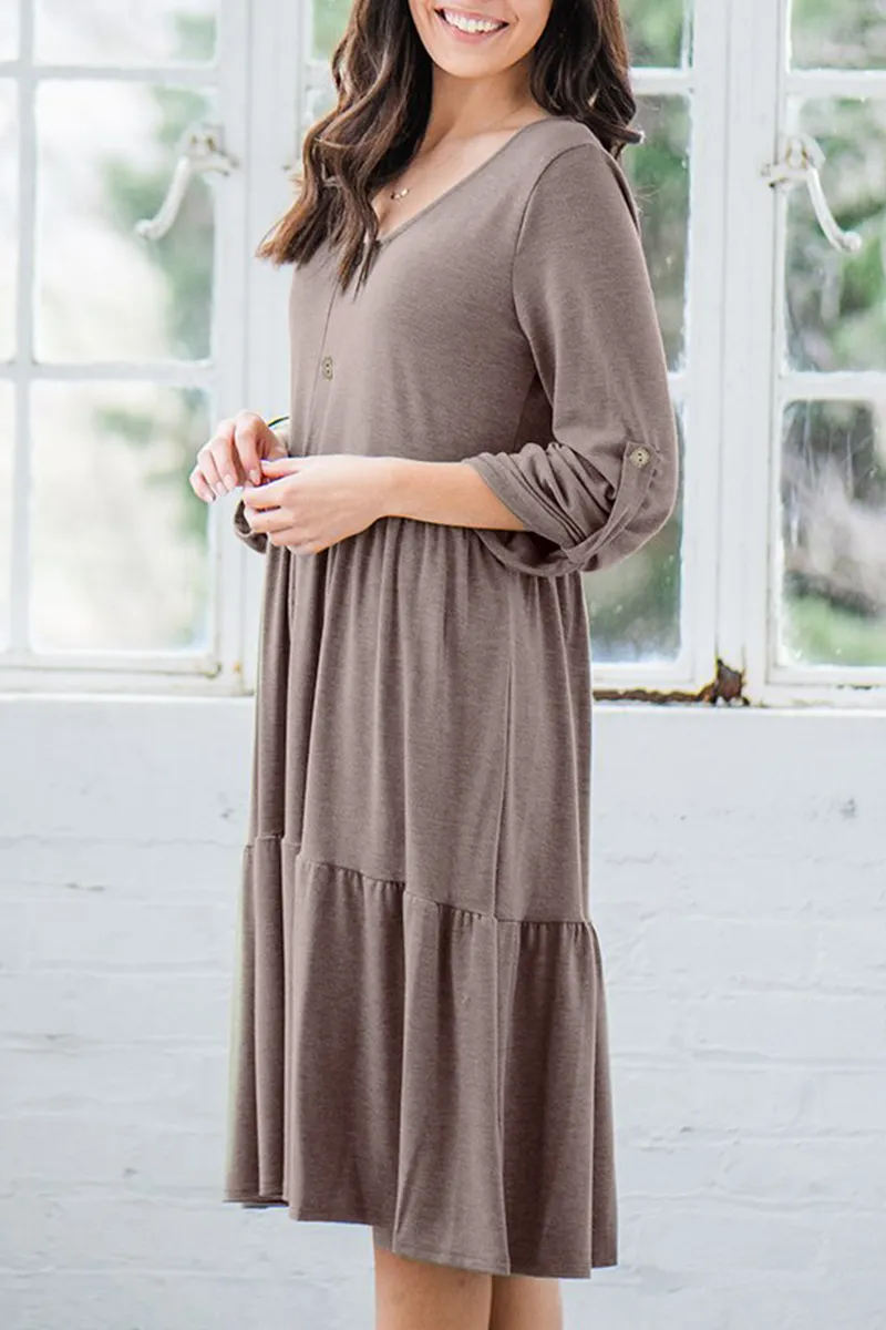 Casual Solid Split Joint Buckle V Neck A Line Dresses