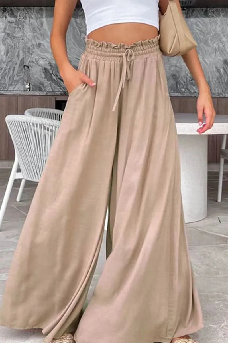 Casual Vacation Solid Stringy Selvedge Loose Mid Waist Wide Leg Solid Color Bottoms