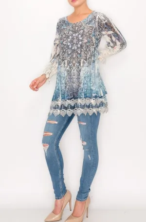 Elegant Lacey Top in Cream & Navy with Mandela Design