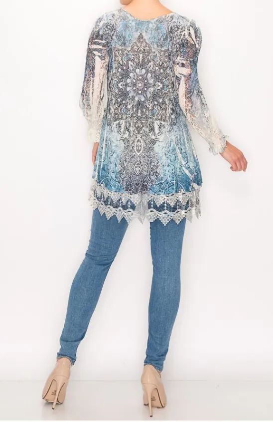 Elegant Lacey Top in Cream & Navy with Mandela Design