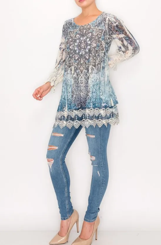 Elegant Lacey Top in Cream & Navy with Mandela Design