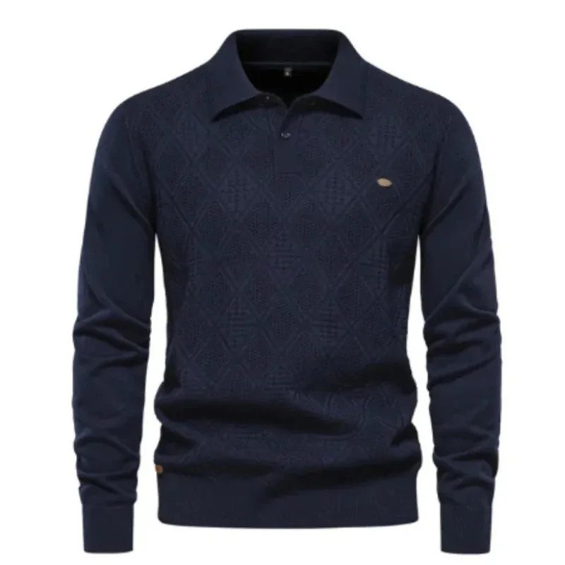 FitWarm - Heren Polo Trui met Diamantpatroon, Lange Mouw Gebreide Pullover