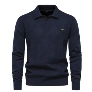 FitWarm - Heren Polo Trui met Diamantpatroon, Lange Mouw Gebreide Pullover