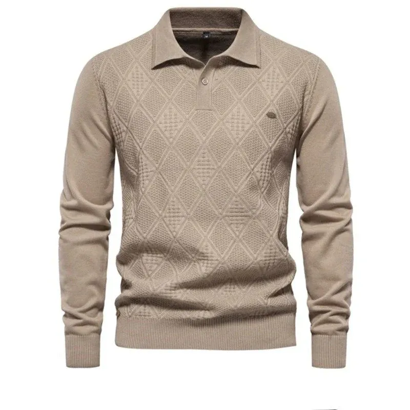 FitWarm - Heren Polo Trui met Diamantpatroon, Lange Mouw Gebreide Pullover