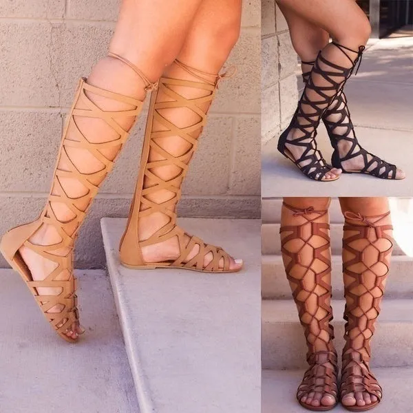 Gladiator Sandals Flats Summer Shoe Ladies Sexy Casual Knee-High Boots Multi-Strap Gladiator Sandals Shoes 35-43