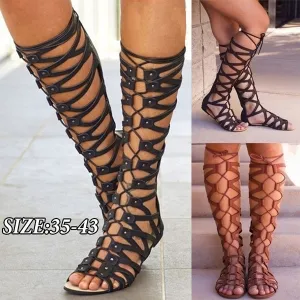 Gladiator Sandals Flats Summer Shoe Ladies Sexy Casual Knee-High Boots Multi-Strap Gladiator Sandals Shoes 35-43