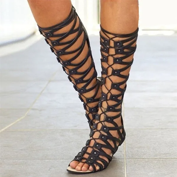 Gladiator Sandals Flats Summer Shoe Ladies Sexy Casual Knee-High Boots Multi-Strap Gladiator Sandals Shoes 35-43