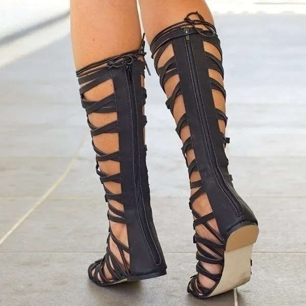 Gladiator Sandals Flats Summer Shoe Ladies Sexy Casual Knee-High Boots Multi-Strap Gladiator Sandals Shoes 35-43