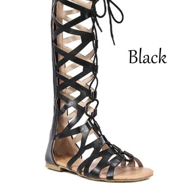 Gladiator Sandals Flats Summer Shoe Ladies Sexy Casual Knee-High Boots Multi-Strap Gladiator Sandals Shoes 35-43