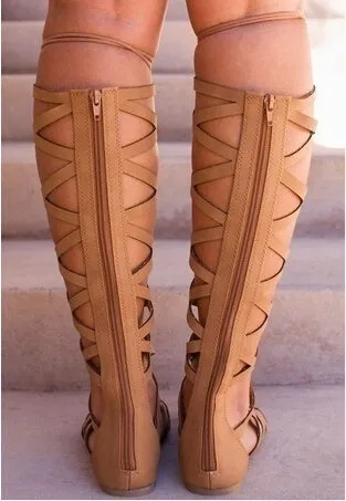 Gladiator Sandals Flats Summer Shoe Ladies Sexy Casual Knee-High Boots Multi-Strap Gladiator Sandals Shoes 35-43