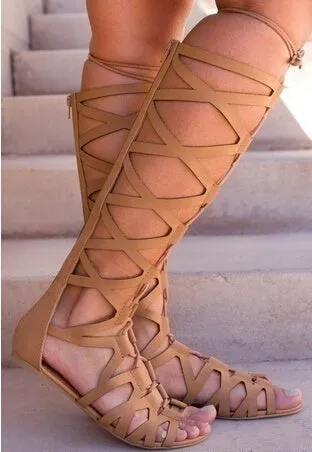 Gladiator Sandals Flats Summer Shoe Ladies Sexy Casual Knee-High Boots Multi-Strap Gladiator Sandals Shoes 35-43