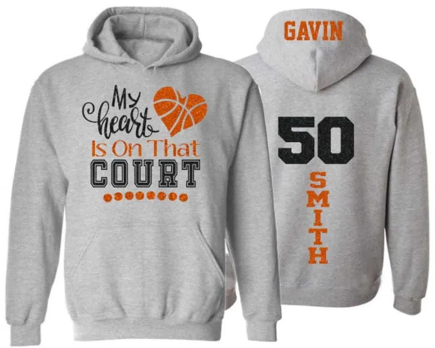 Glitter Basketball Hoodie | My Heart is on that Court | Customize with your Team & Colors | Adult or Youth Sizes