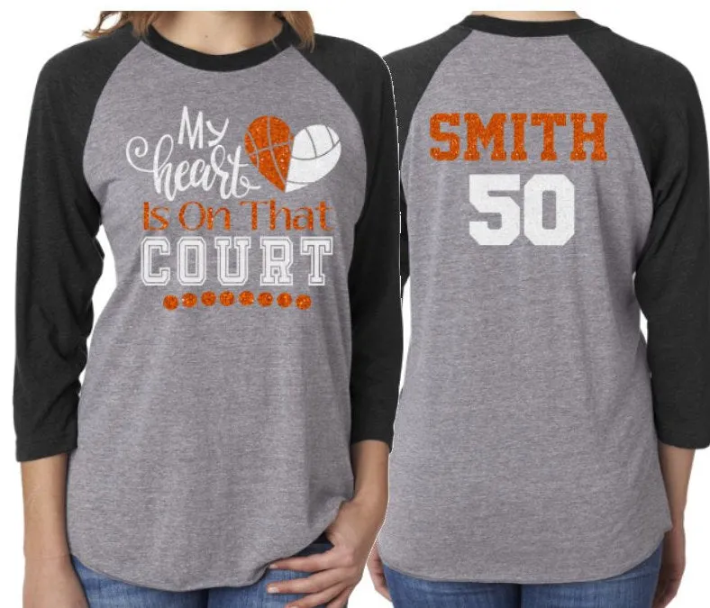 Glitter Volleyball & Basketball Shirt | My Heart is on that Court | Two Team Shirt | Customize