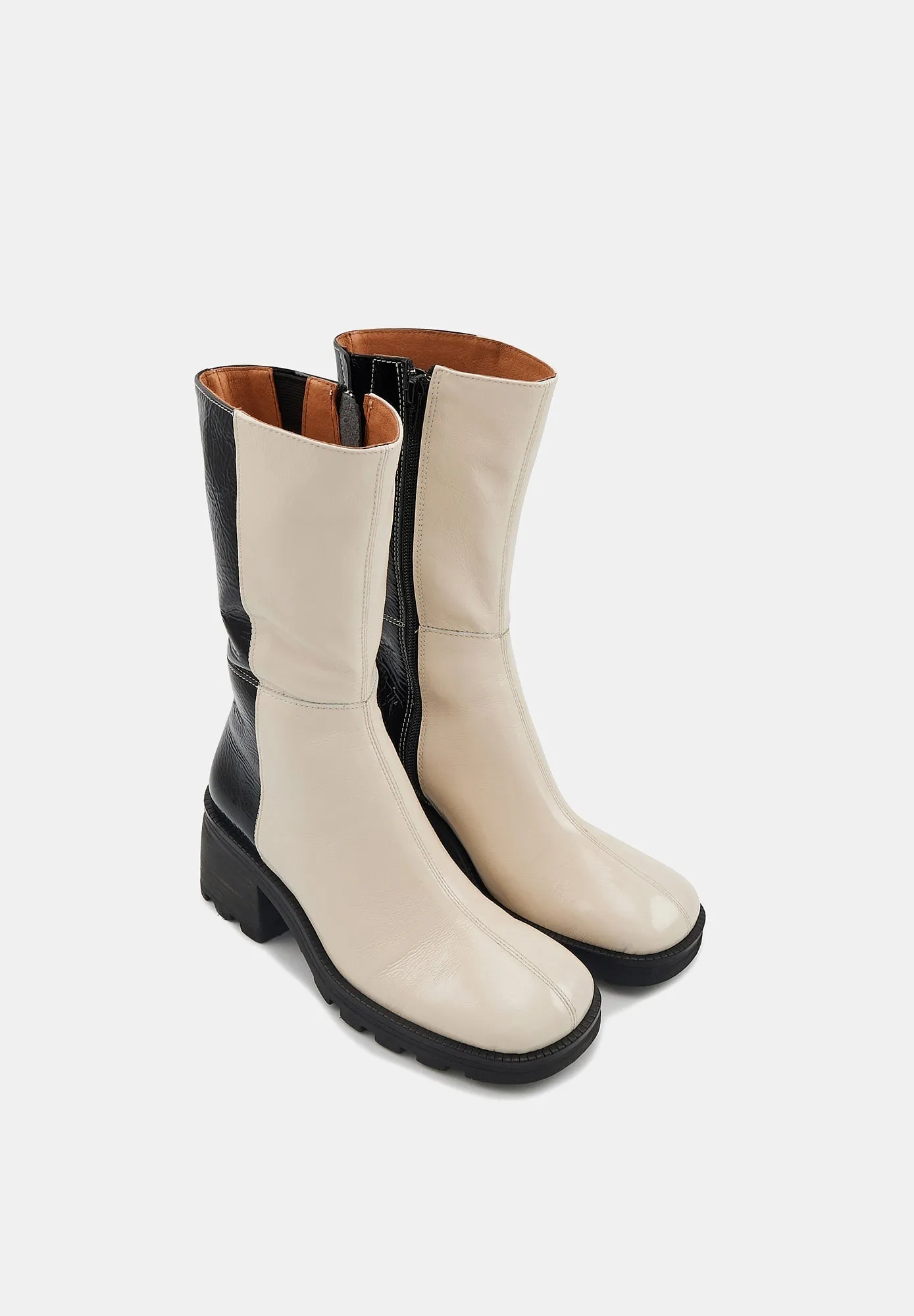 Harriet-Cuir Brillant Noir et Beige