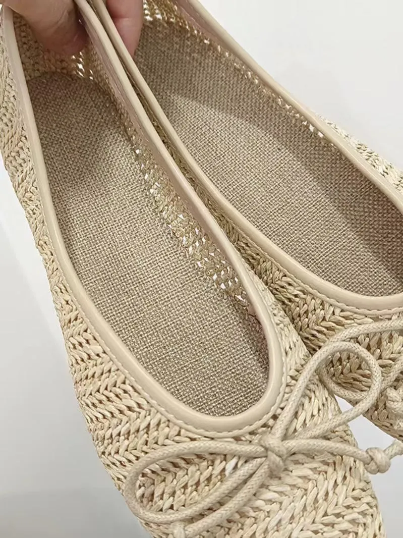 JazzHer Comfy Straw Bow Ballet Flat